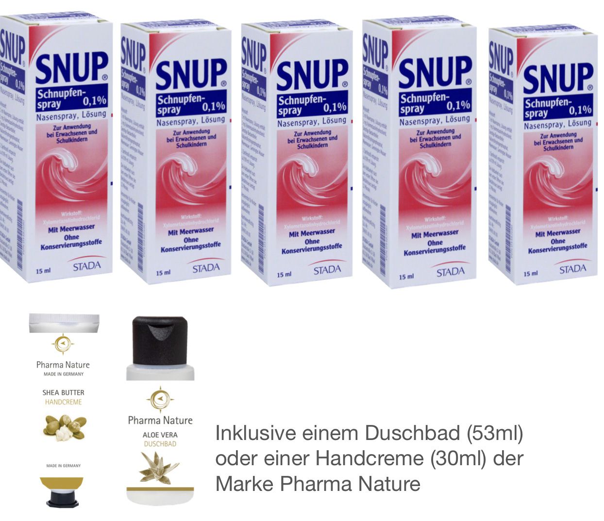 Snup Schnupfenspray 5 x 15 ml Sparset inkl. einem Duschbad oder einer Handcreme von Pharma Nature